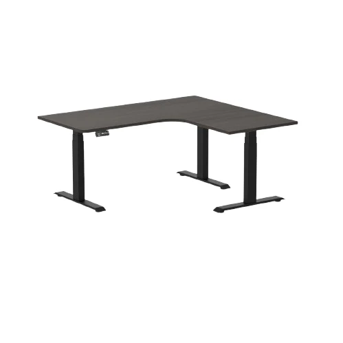 Desky L-Shape Melamine Sit Stand Desk 180cm - Right Return Burnished Wood Top and Matte Black Leg
