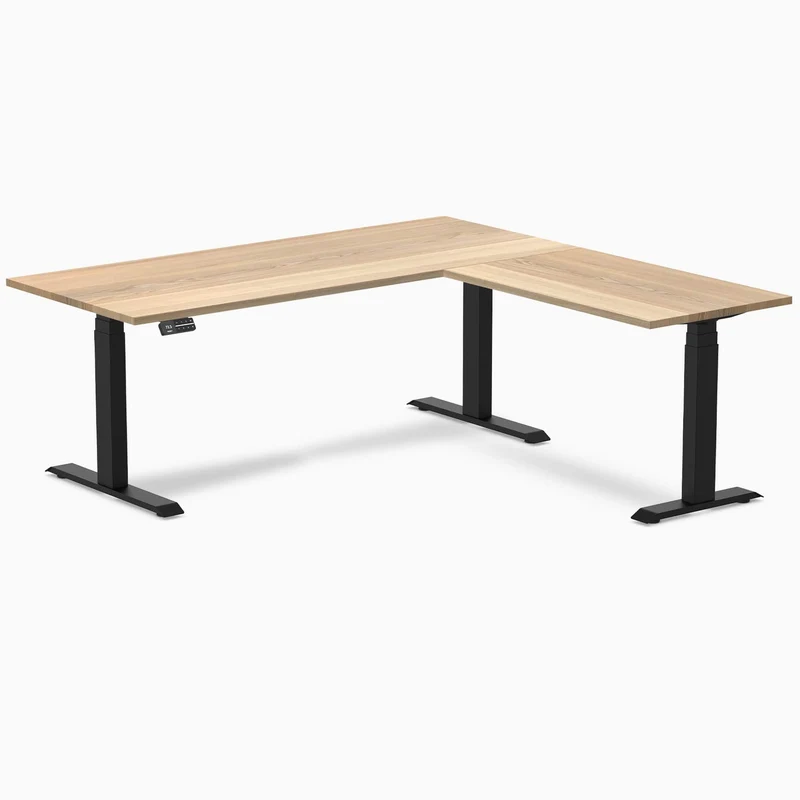 Desky Hardwood L-Shape Sit Stand Desk 180 x 175 cm White Ash Top and Matte Black Leg