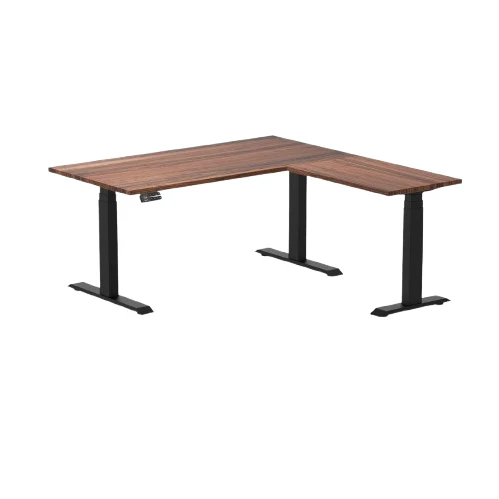 Desky Hardwood L-Shape Sit Stand Desk 150 x 155 cm Walnut Top and Matte Black Leg