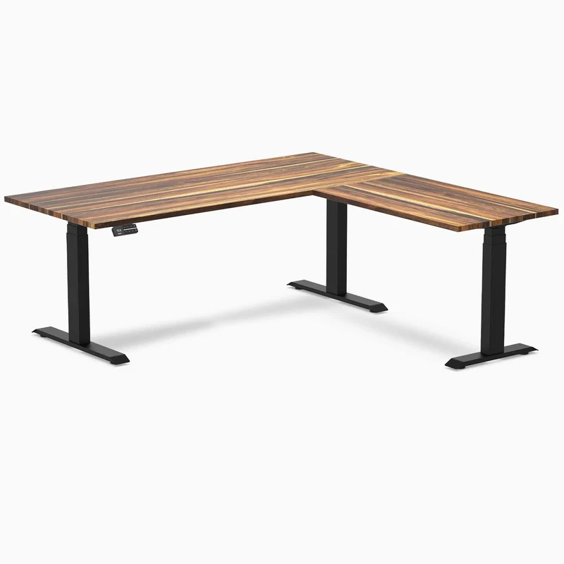 Desky Hardwood L-Shape Sit Stand Desk 180 x 175 cm Pheasantwood Top and Matte Black Leg