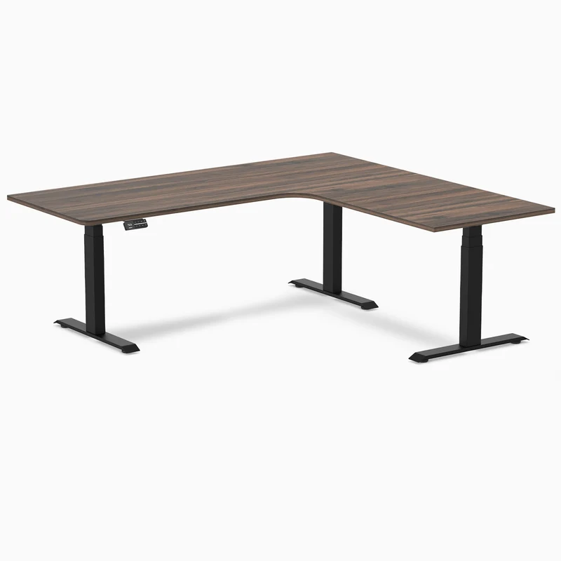 Desky L-Shape Melamine Sit Stand Desk 200cm - Right Return Jarrah Legno Top and Matte Black Leg