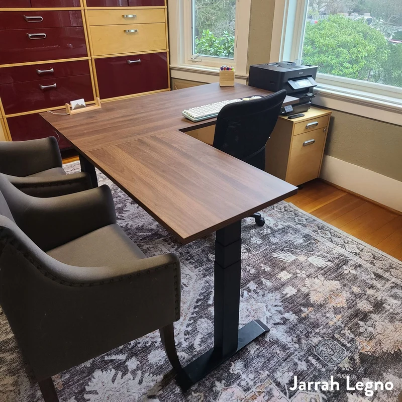 Desky Eco L-Shape Melamine Sit Stand Desk 180 x 175 cm Burnished Wood Top and Matte Black Leg
