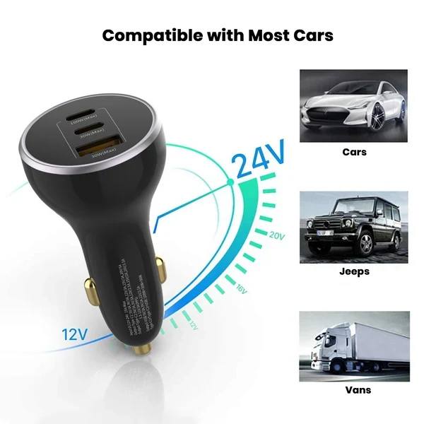 ZLOS 160W 3-Port Fast Car Charger Cigarette Lighter Adapter (2 USB-C & 1 USB-A Ports)