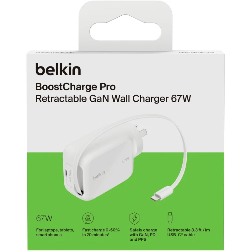Belkin BoostCharge Pro Retractable GaN Wall Charger 67W