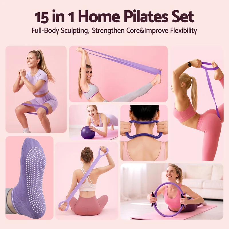 Everfit Pilates Ring Set for Women, 15pcs Home Workout Pilates Equipment Purple