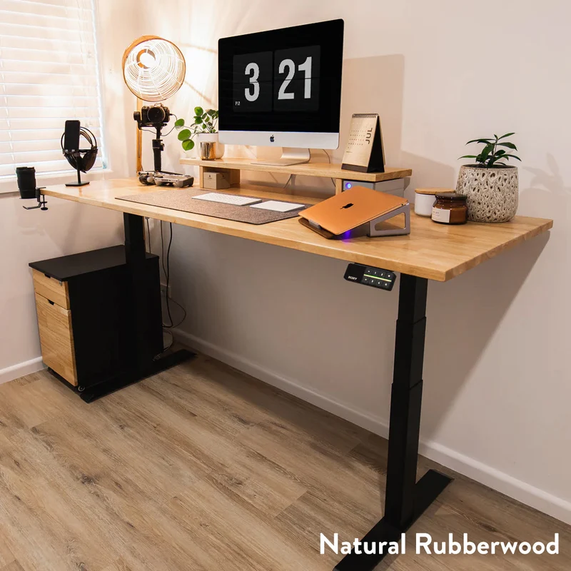 Desky Dual Rubberwood Sit Stand Desk 200cm Natural Timber Desktop and Wheat Frame