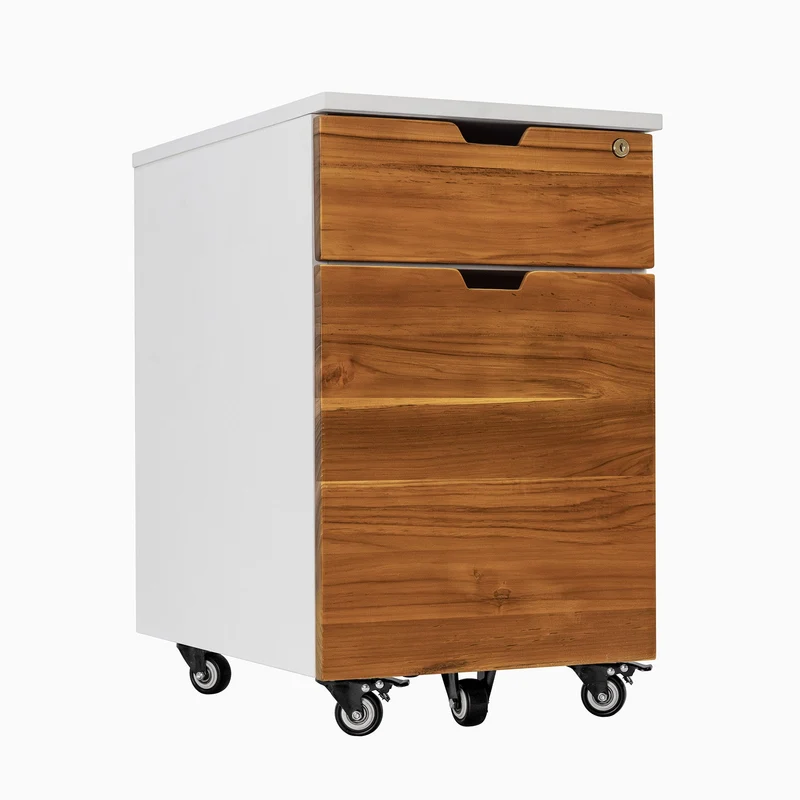 Desky Minimal Wooden Filing Cabinet - White / Teak Hardwood