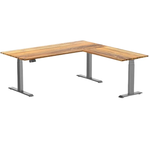 Desky Hardwood L-Shape Sit Stand Desk 180x175cm Teak and Space Grey Leg