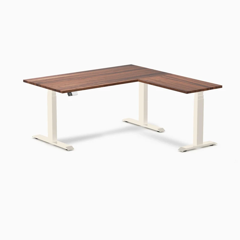 Desky Hardwood L-Shape Sit Stand Desk 150 x 155 cm Walnut / Wheat Top and Wheat Leg