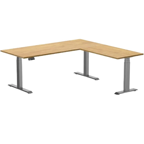 Desky Rubberwood L-Shape Sit Stand Desk 180 x 175 cm Light Oak Top and Space Grey Leg