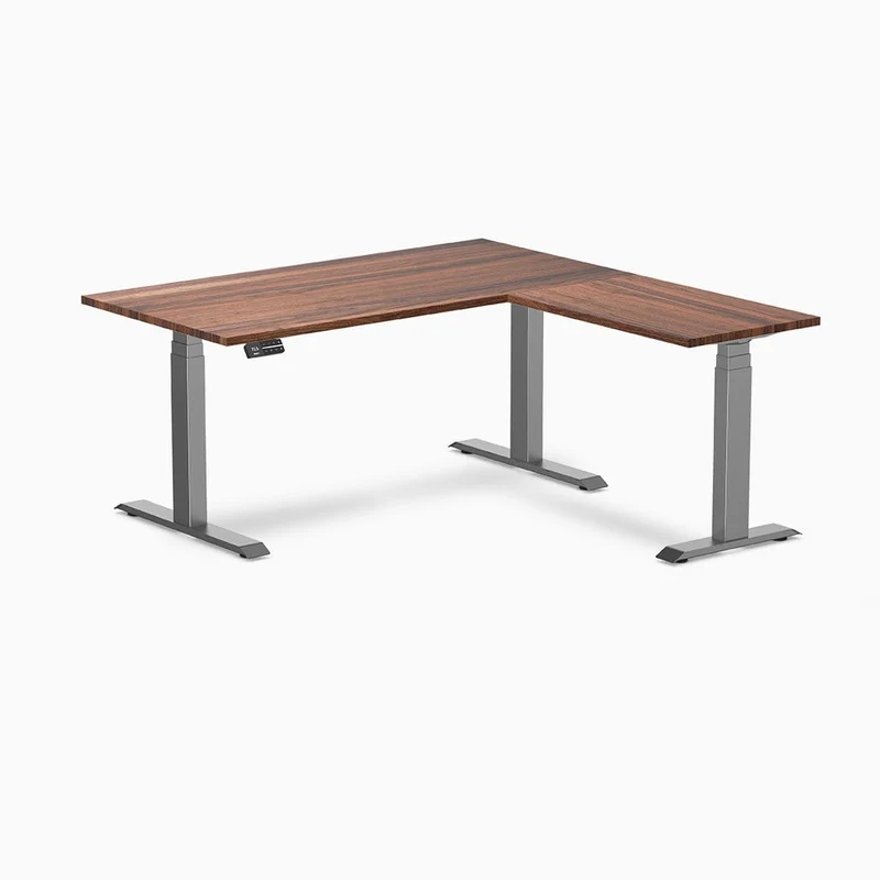 Desky Hardwood L-Shape Sit Stand Desk 150x155cm Walnut and Space Grey Leg