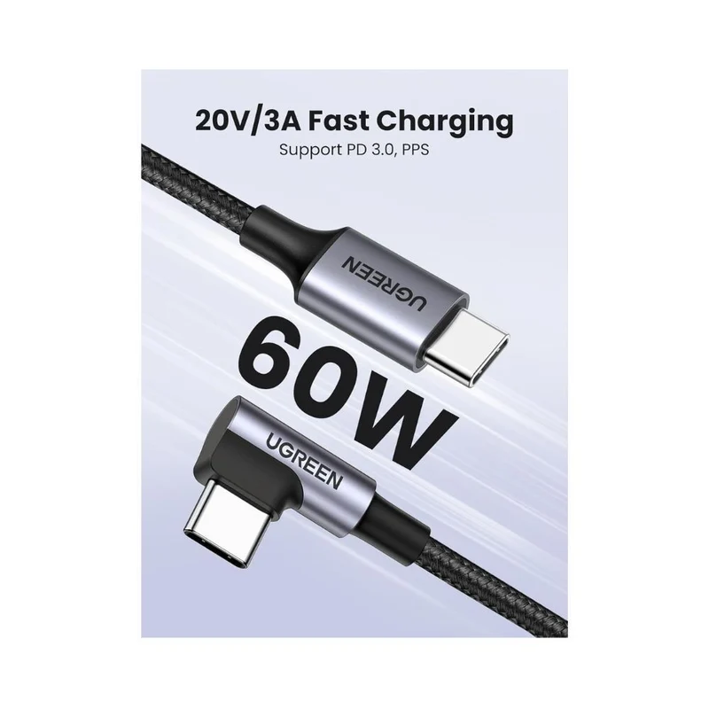 UGREEN 90 Degree Angle USB-C Male to USB-C Male 60W Braided Cable 1m