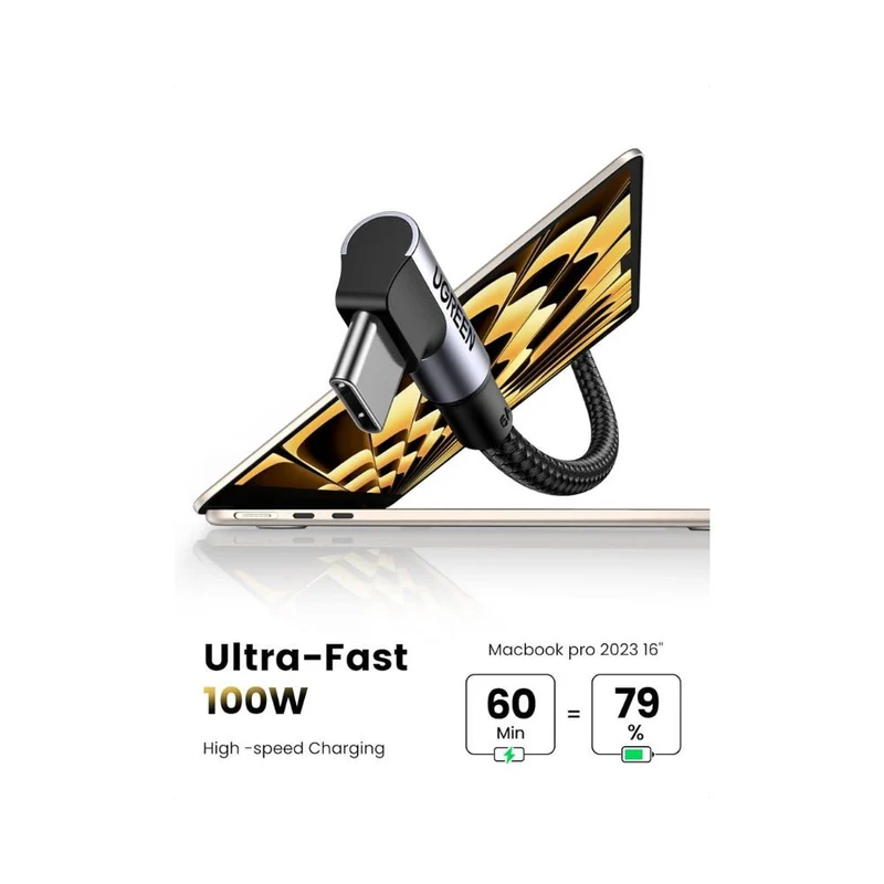 UGREEN 90 Degree Angle USB-C Male to USB-C Male 100W Braided Cable 1m