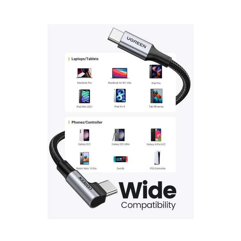 UGREEN 90 Degree Angle USB-C Male to USB-C Male 100W Braided Cable 1m