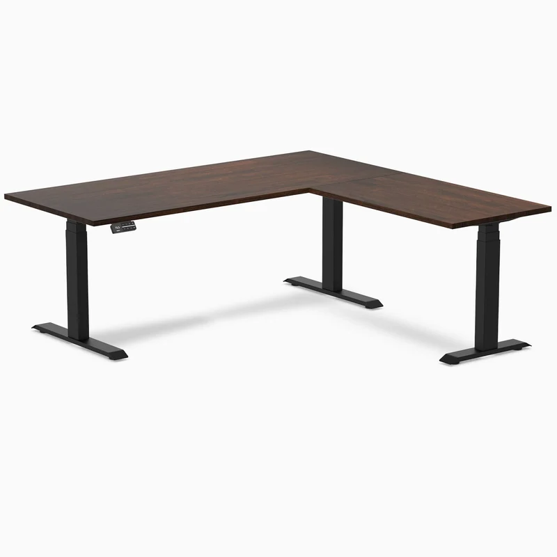 Desky Rubberwood L-Shape Sit Stand Desk 180 x 175 cm Light Oak Top and Wheat Leg