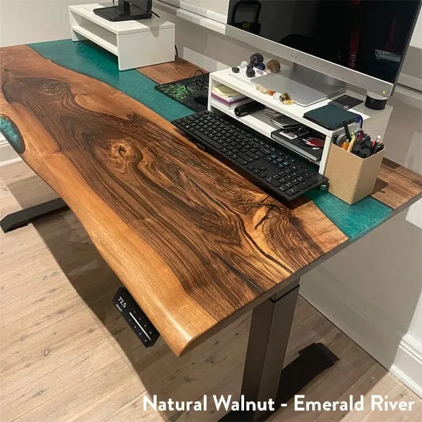 Desky Dual Resin Hardwood Sit Stand Desk 150cm Natural Walnut Emerald River Desktop and White Frame