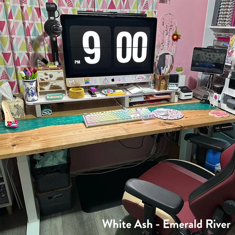 Desky Dual Resin Hardwood Sit Stand Desk 150cm Natural Walnut Emerald River Desktop and White Frame