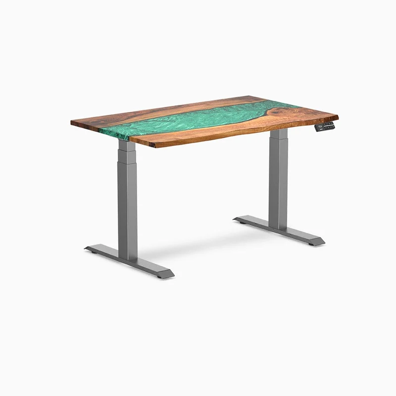 Desky Dual Resin Hardwood Sit Stand Desk 150cm Natural Walnut Emerald River Desktop and White Frame