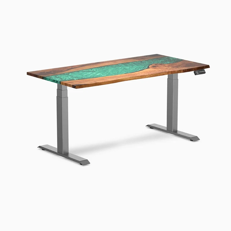 Desky Dual Resin Hardwood Sit Stand Desk 150cm Natural Walnut Emerald River Desktop and White Frame