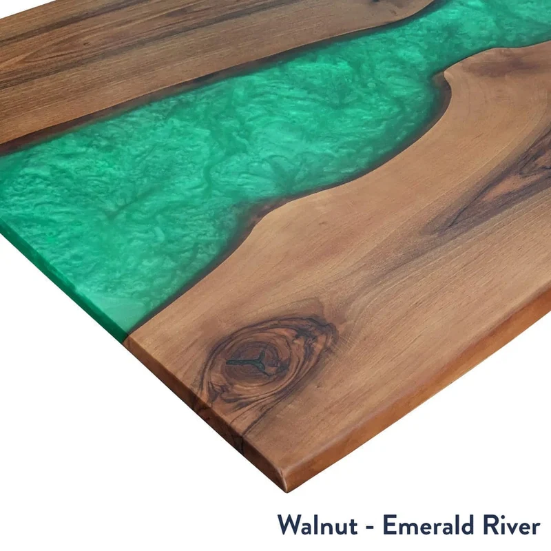 Desky Dual Resin Hardwood Sit Stand Desk 150cm Natural Walnut Emerald River Desktop and Matte Black Frame