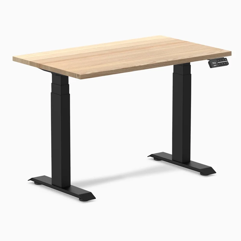 Desky Dual Mini Hardwood Sit Stand Desk 100cm White Ash Desktop and Matte Black Frame
