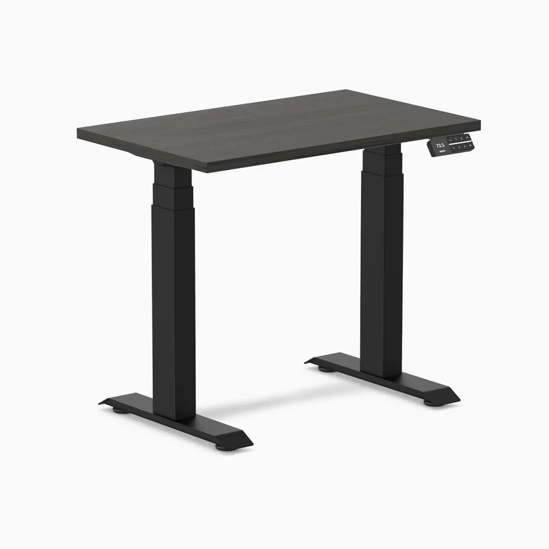 Desky Dual Mini Sit Stand Desk 800x500 Burnished Wood Desktop and Matte Black Frame