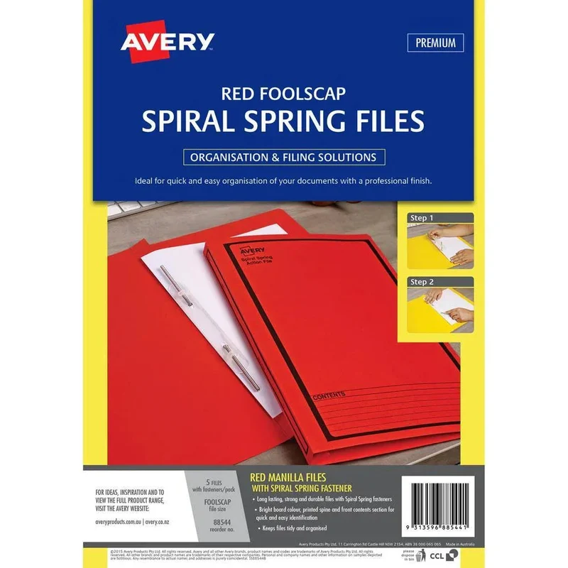 Avery 88544 Spiral Spring Action File Foolscap Red Pack 5