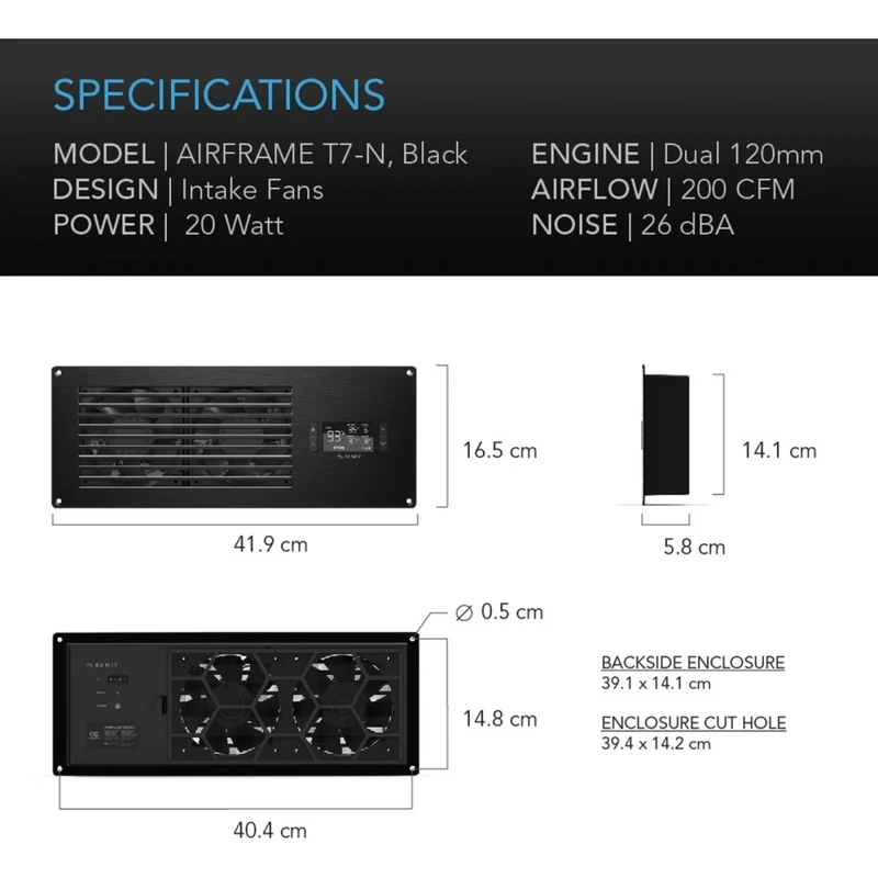 AC Infinity Airframe T7-N 200 CFM Intake Fan Black for AV Rooms