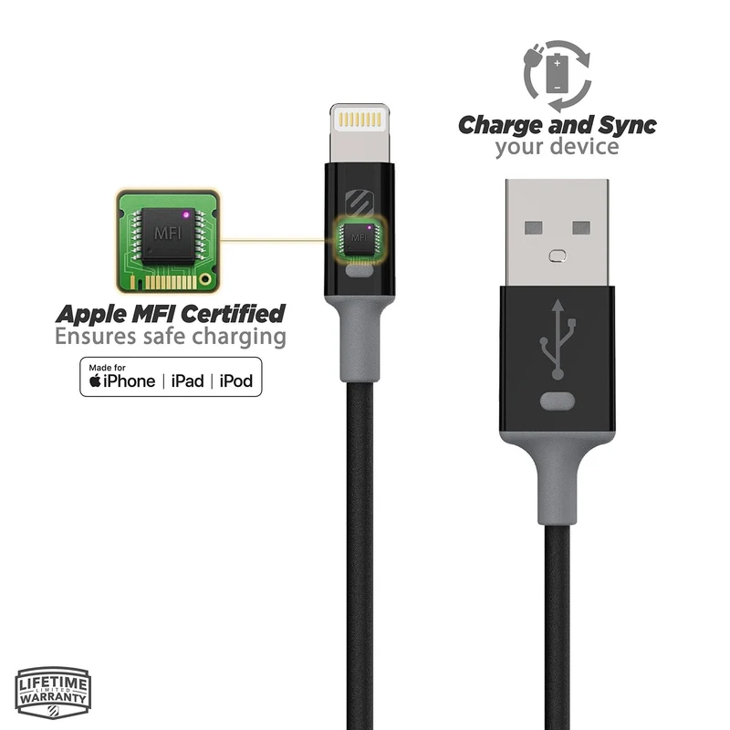 SCOSCHE I2WTA Strikeline II MFI Certified Lightning Charge & Sync Cable for ALL Lightning Devices 3-ft. White & Gray
