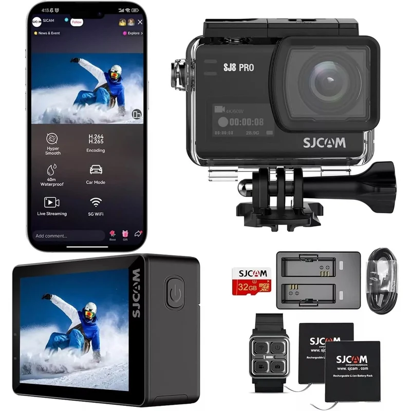 SJCAM SJ8 Pro Action Camera 4K 60fps Dual Screen WiFi 2.3 Inch Touch Rrear Screen with 170¬∞ Wide Angle EIS 8X Digital Zoom 98ft (30m) Waterproof Camera Sports DV- Black
