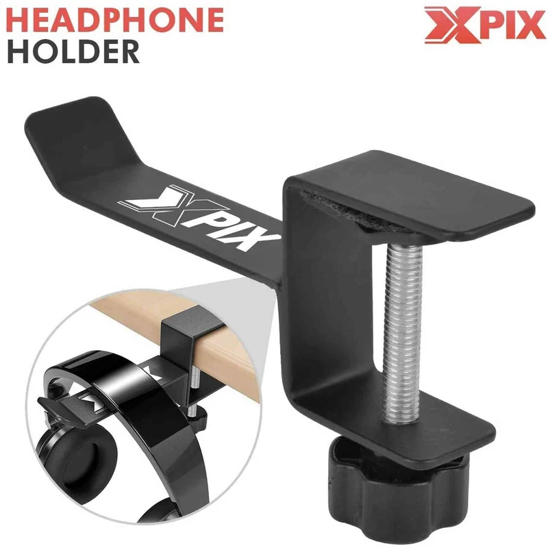 Xpix Metal Headphone Headset Holder Hanger with Under Desk Design Mount Clamp Clip Grip - Hooks onto Surface Without Glue Or Mess - Fits Headphones