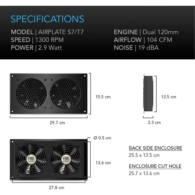 AC Infinity Airplate S7 Dual 104 CFM Cabinet Cooler USB Powered 120mm