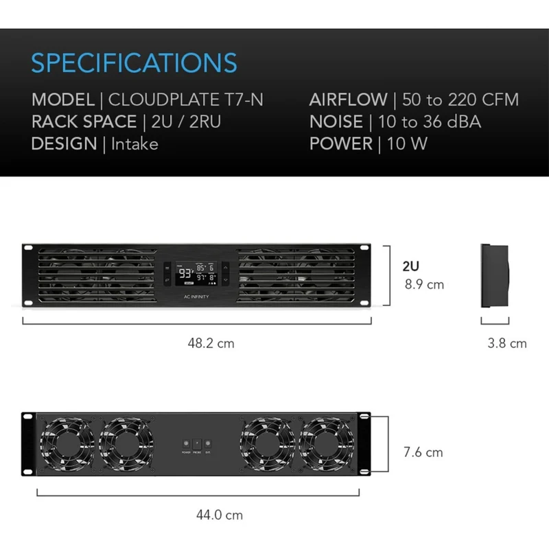 AC Infinity Cloudplate T7-N 50-220 CFM 2U Rack Cooler Front Intake