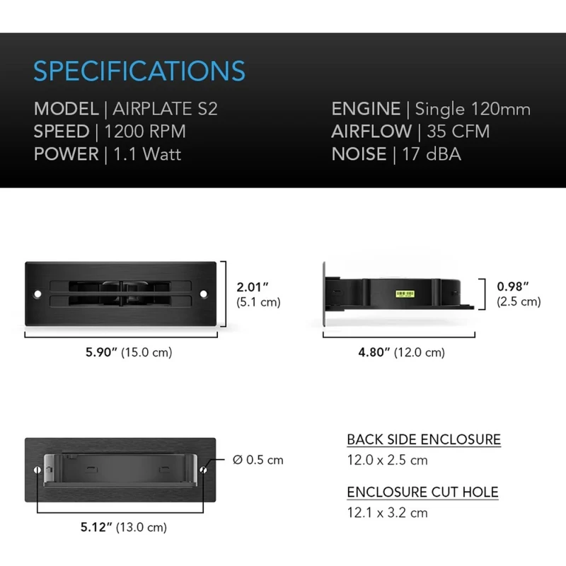 AC Infinity Airplate S2 35 CFM Horizontal Fan Cabinet Cooler USB Powered 80mm