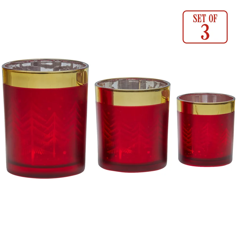 Christabelle Christmas Candle Jar Set of 3 Red and Gold Holiday Candle Holders
