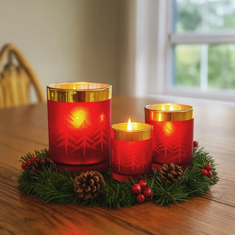 Christabelle Christmas Candle Jar Set of 3 Red and Gold Holiday Candle Holders
