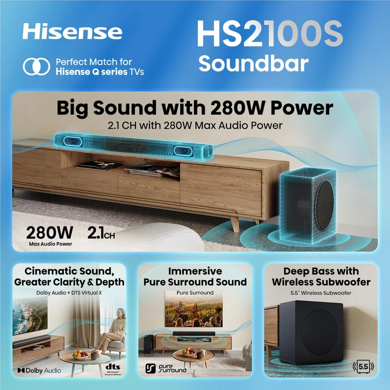 Hisense HS2100S 280W 2.1 CH Soundbar with Wireless Subwoofer