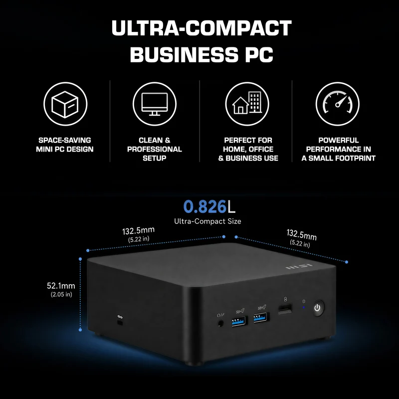 MSI CUBI NUC 1M, Intel Core 7-150U, 16GB RAM, 1TB SSD, Windows 11 Professional, Mini Desktop Computer