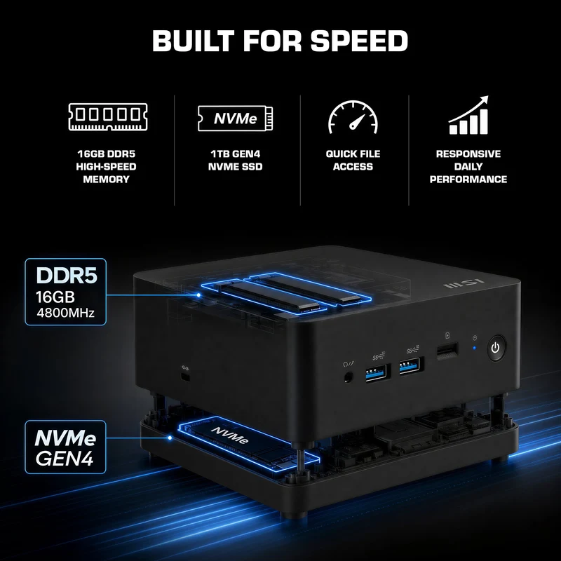 MSI CUBI NUC 1M, Intel Core 7-150U, 16GB RAM, 1TB SSD, Windows 11 Professional, Mini Desktop Computer