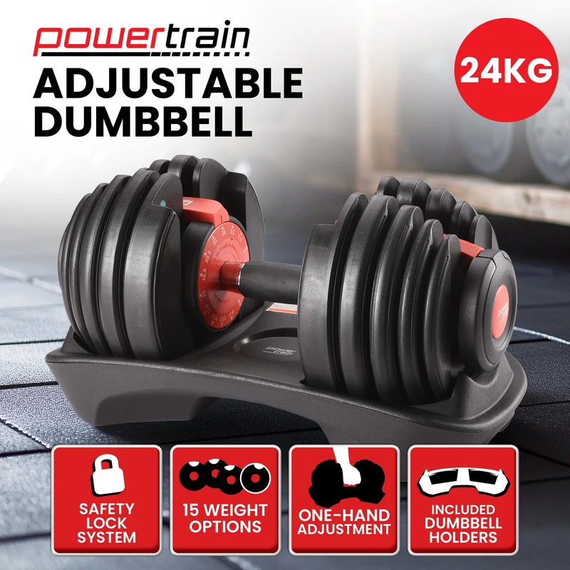 Powertrain 24kg Adjustable Dumbbell Home Gym Exercise Weights Free Workout (Red)