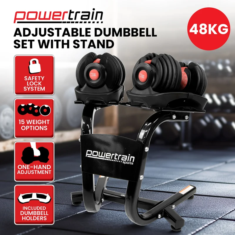 Powertrain Adjustable Dumbbells Set Home Gym Exercise Free Weights 48kg with Stand (Red)